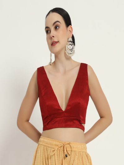 Adaa Bazaar Women's Readymade Red Blouse with Cut Sleeves