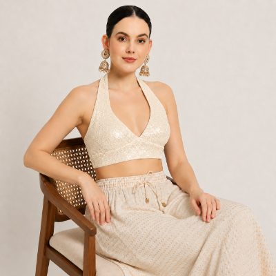 Adaa Bazaar Sequins Party Wear Cut Sleeves Stitched Halter Neck Blouse