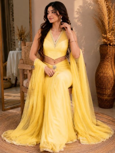 Adaa Bazaar Georgette Embellished Pre-Draped Skirt Set with Designer Halter Blouse and Dupatta