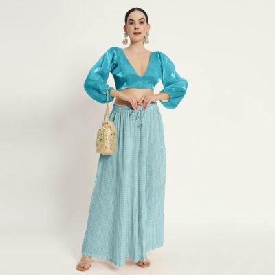 Adaa Bazaar Women's Readymade Sky Blouse with Full Sleeves V Neckline