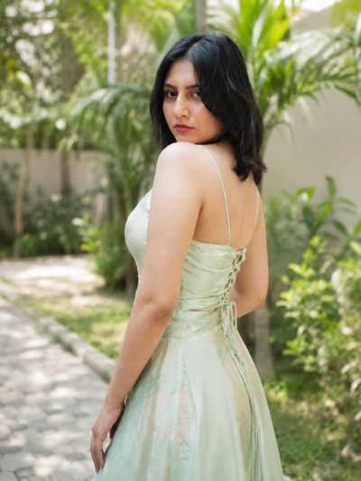 Adaa Designer Organza Drape Skirt with Sweetheart Neck Corset Blouse & Organza Dupatta