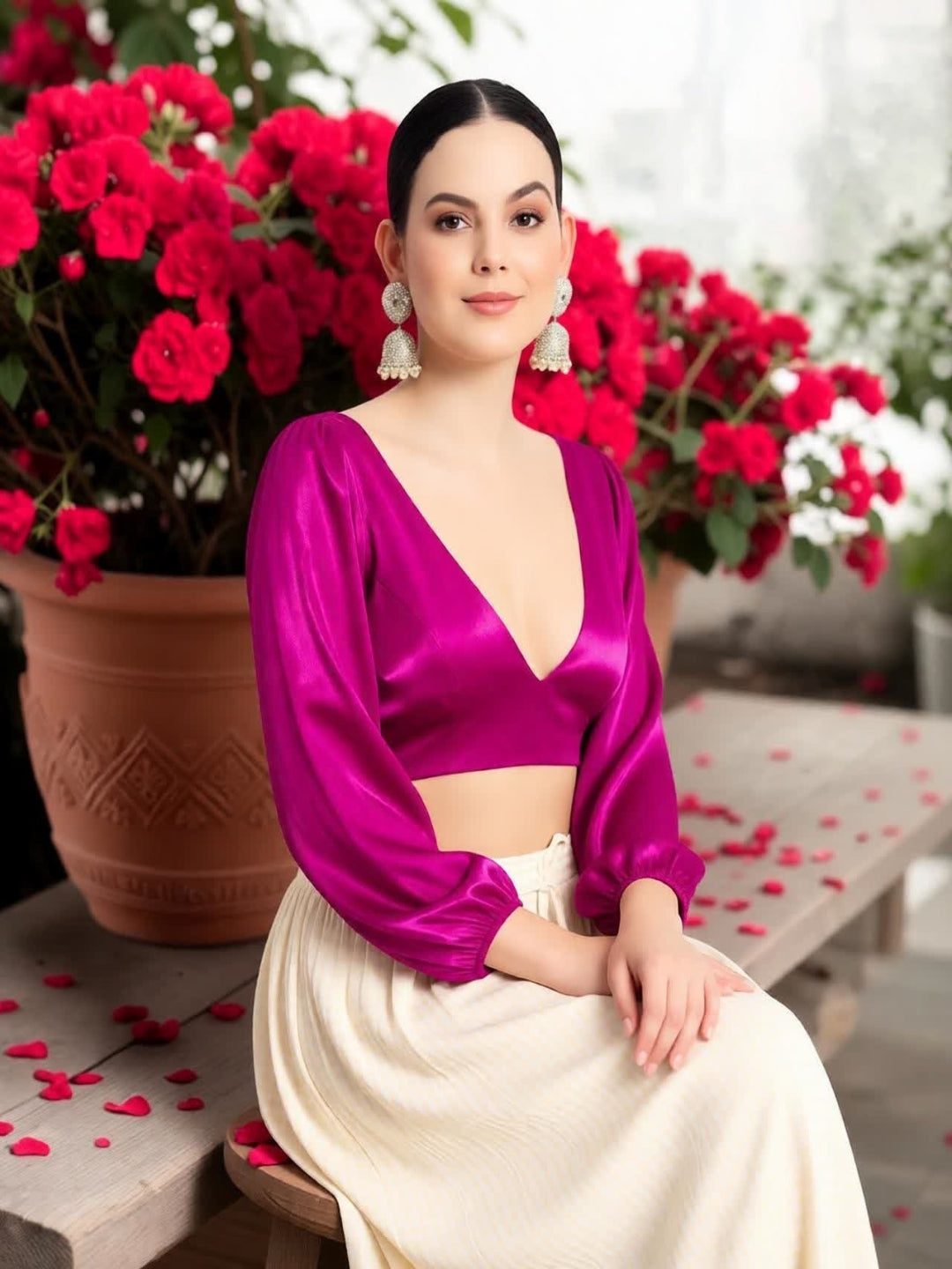 Magenta V Neck Full Sleeves Blouse with Organza Fabric