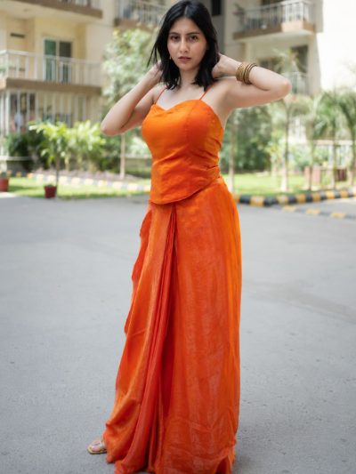 Adaa Designer Organza Drape Skirt with Sweetheart Neck Corset Blouse & Organza Dupatta