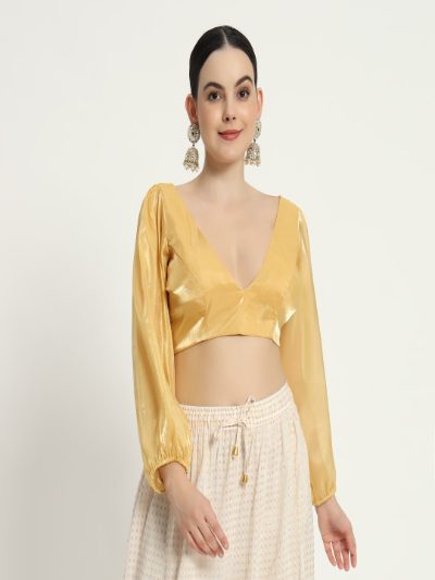 Adaa Bazaar Women's Readymade Golden Blouse with Full Sleeves V Neckline