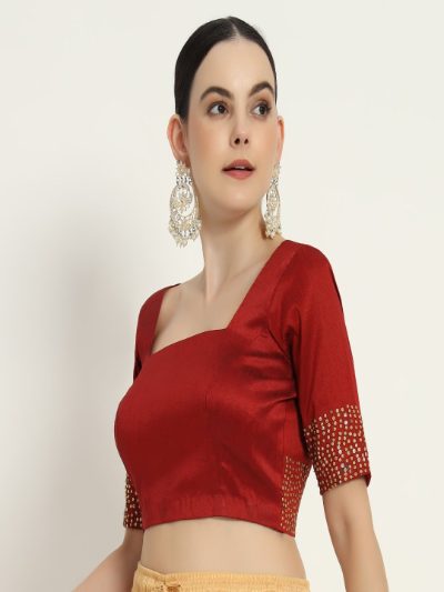Adaa Bazaar Women's Handmade Red Blouse with Stone Work Half Sleeves