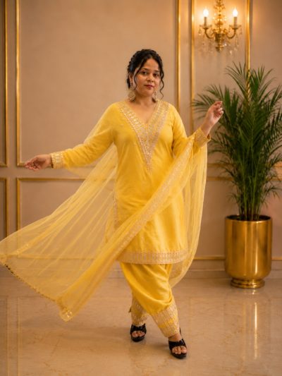 Adaa Bazaar Women's Yellow Elegant Party Wear and Haldi Function Dress