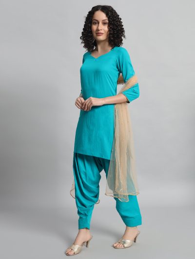 Adaa Bazaar Women's Readymade Patiala Suit (firozi) with Light Gold Dupatta