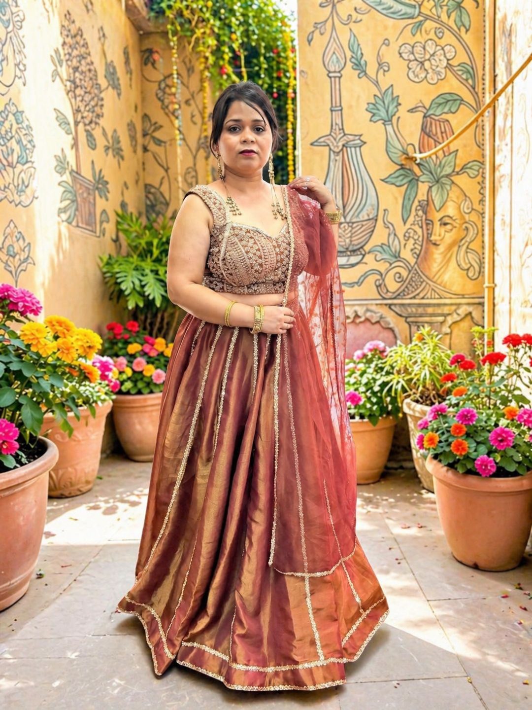 Adaa Bazaar Women's Readymade Wine Lehenga with Choli & Dupatta