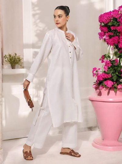 Adaa Bazaar Women's White Long Sleeves with Smart Cut Straight Kurta with Tonal Solid Bottom