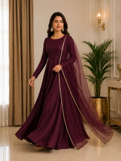 Adaa Bazaar Women's Anarkali Suit (wine ) with Dupatta