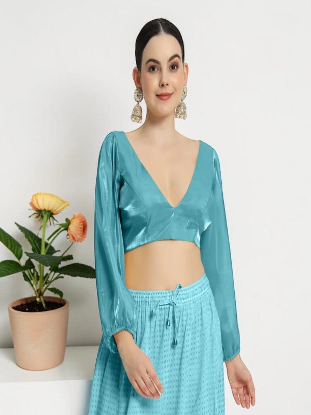 Adaa Bazaar Women's Readymade Sky Blouse with Full Sleeves V Neckline
