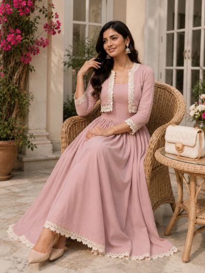 Adaa Bazaar Women's Cotton Cambric Calf-Length Dress with Half Jacket