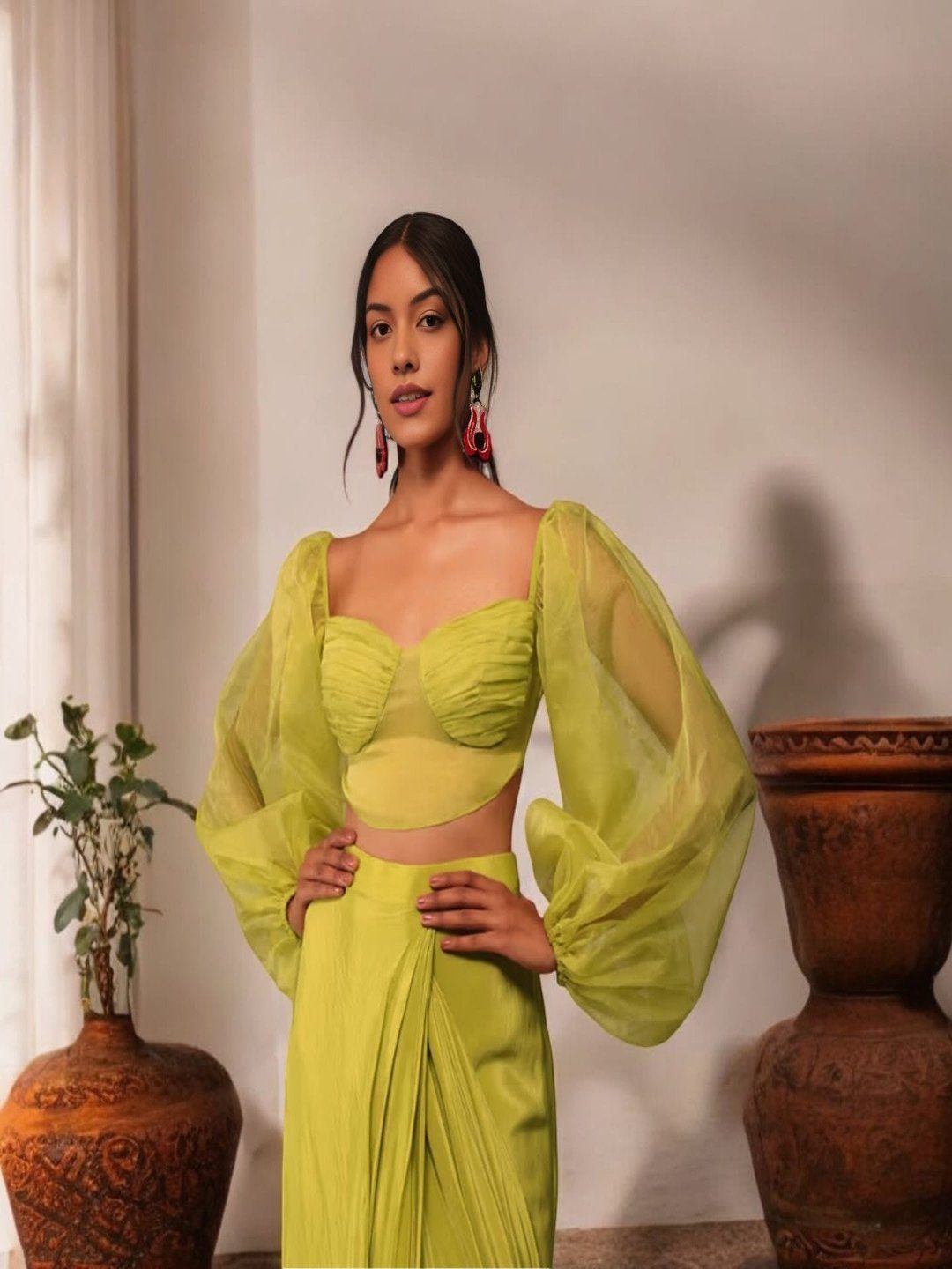 Adaa Bazaar Women's Sea Green Indo-Western Ready to Wear Saree with Stitched Blouse