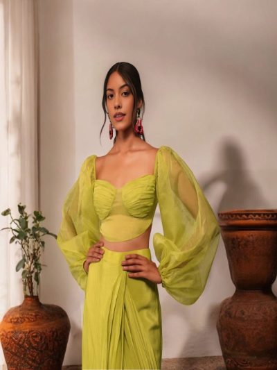 Adaa Bazaar Women's Sea Green Indo-Western Ready to Wear Saree with Stitched Blouse