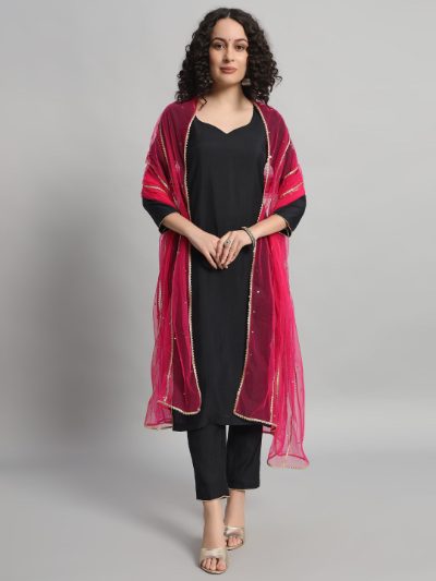 Adaa Bazaar Women's Readymade Suit (black) with Dupatta (pink)