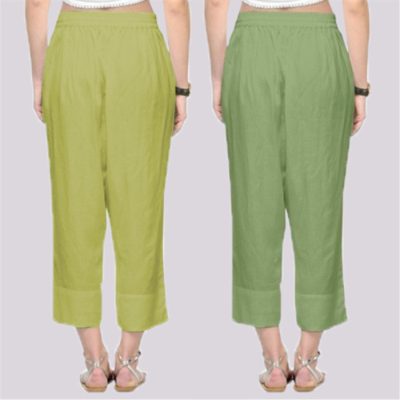 Adaa Bazaar Women's Combo of 2 Rayon Ankle Length Pants in Light Green and Olive Green