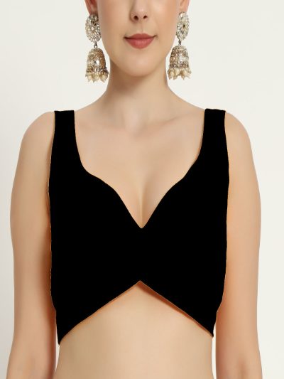 Black Sweetheart Neck Cut Sleeves Blouse with Front Curve Design