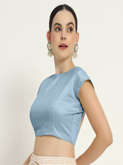 Baby Blue Pad Blouse with Sleeves and Front O-Neck Design